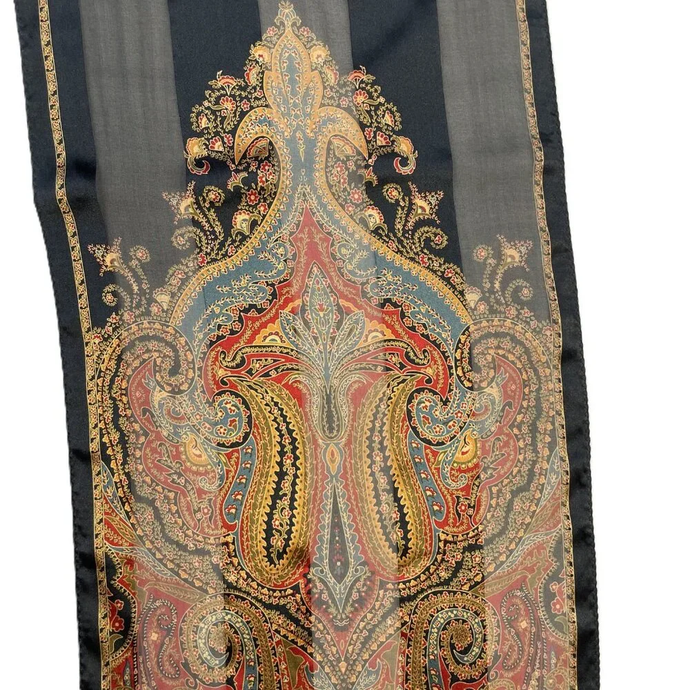 Echo Silk Scarf Paisley Oblong Rectangle 54"x11" Maroon Red Blue Taupe Black - Picture 7 of 10